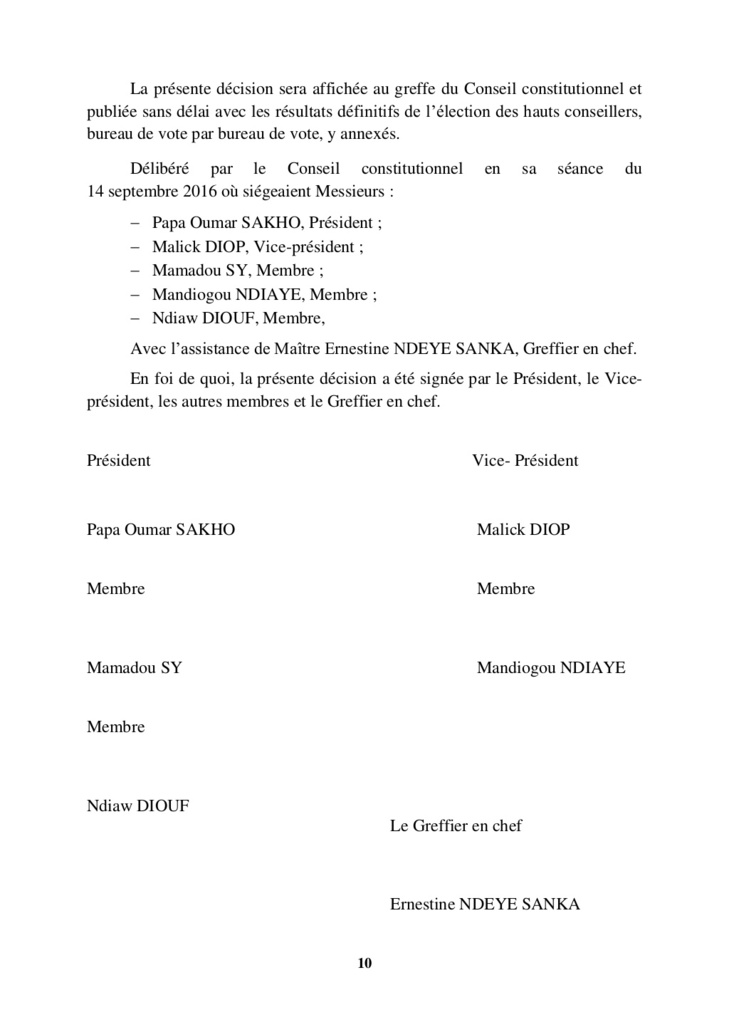 Document Dakaractu: Voici les résultats définitifs de l'élection du Haut Conseil des Collectivités Territoriales par le Conseil Constitutionnel