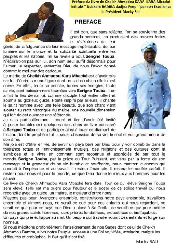 Livre Cheikh Ahmadou Kara Mbacké « Ndaxam Bamba dadjna Feep » préfacé par Macky Sall