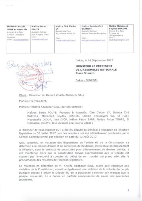 La double plainte du maire de Dakar: Khalifa Sall écrit au président de l'Assemblée nationale et au président de l'Assemblée générale - Le Fac-similé des lettres
