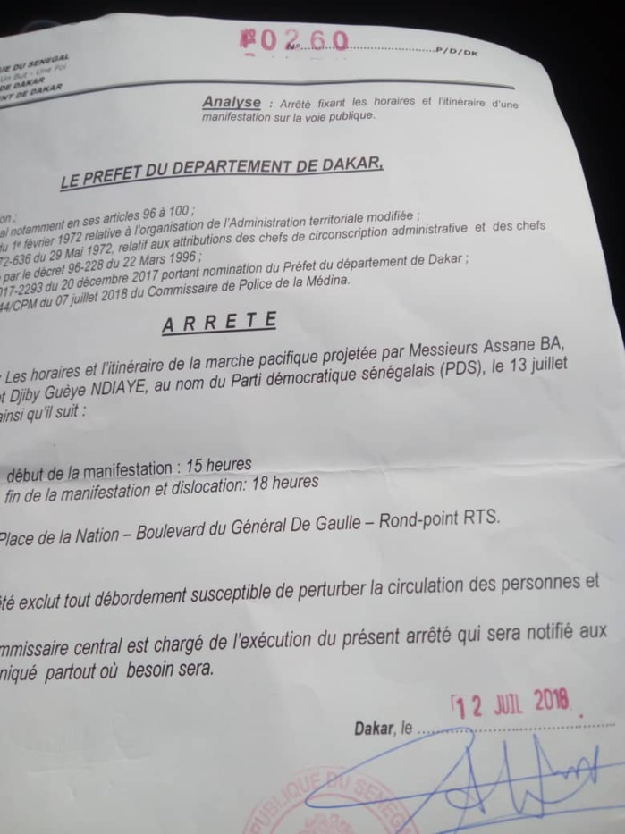 DOCUMENT: La marche de l’opposition autorisée par le Préfet de Dakar