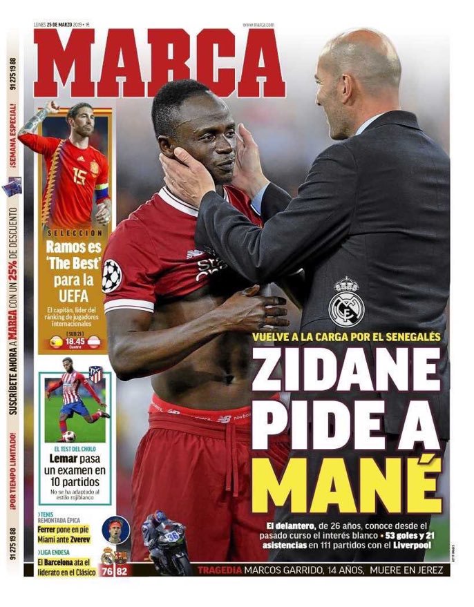 Sadio Mané fait la une du grand quotidien espagnol Marca
