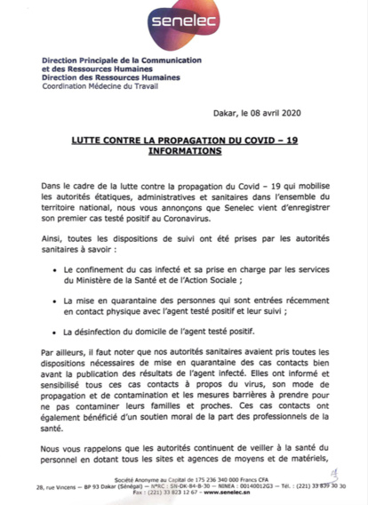 Covid-19 – La Senelec annonce son premier cas : Ses contacts mis en quarantaine