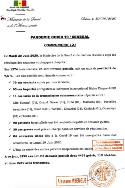 Covid-19 au Sénégal : 4 décès, 95 tests positifs dont 5 cas importés et 30 patients en réa