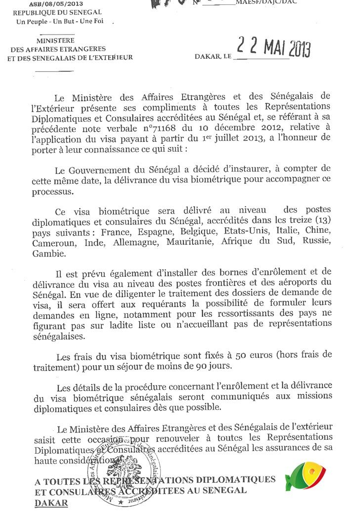 (Document) Visa pour le Sénégal : la mesure sera effective à partir du 1er juillet 2013 dans 13 pays