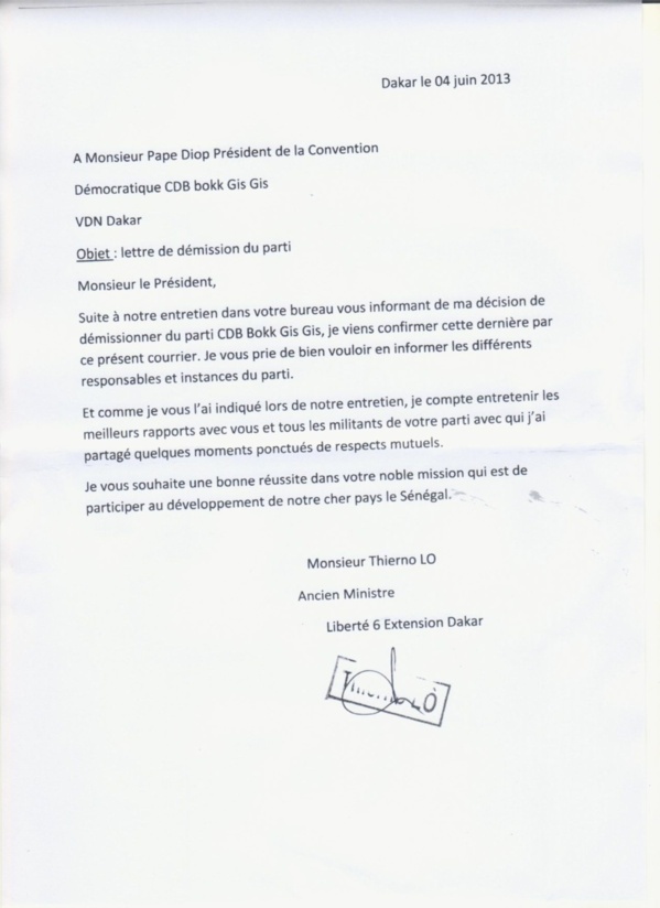 Thierno Lô demissionne de Bokk Gis-Gis (Documents)