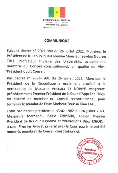 Conseil Constitutionnel : Le Président Sall nomme trois nouveaux membres et un vice président