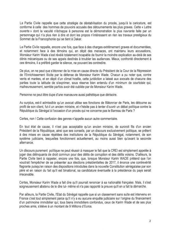 Suite à la lettre des avocats de Karim Wade: Voici la correspondance des avocats de l'Etat du Sénégal à Abdou Diouf