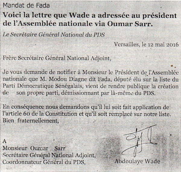 La lettre de Wade demandant au président de l’Assemblée le remplacement de Modou Diagne Fada