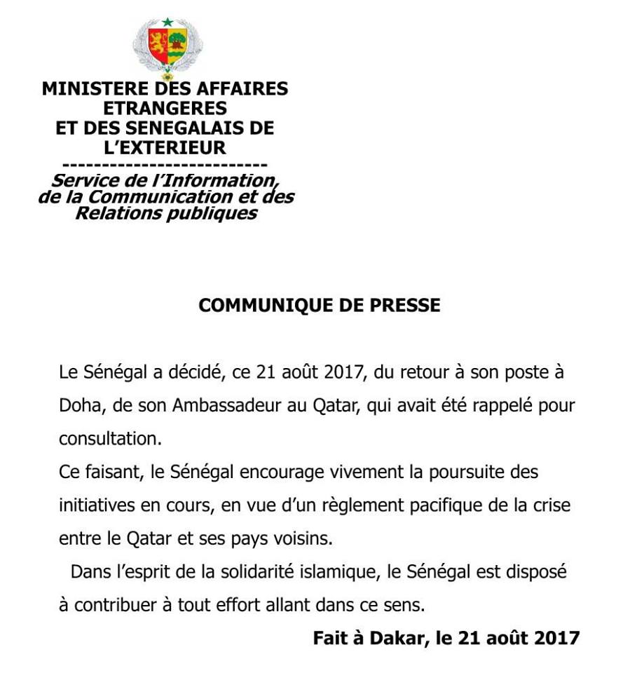 Communiqué: Fin de brouille diplomatique entre le Sénégal et le Qatar...