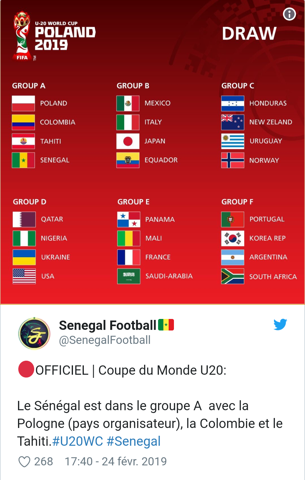 Coupe du Monde U20 : Le Sénégal dans le groupe du pays hôte, la Pologne
