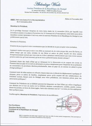 Exclusif : Maître Abdoulaye Wade décline l'invitation du Président Macky Sall (DOCUMENT)