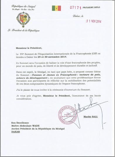 Sommet de la Francophonie: Voici l'invitation du Président Macky Sall à Maître Abdoulaye Wade