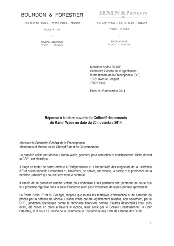 Suite à la lettre des avocats de Karim Wade: Voici la correspondance des avocats de l'Etat du Sénégal à Abdou Diouf